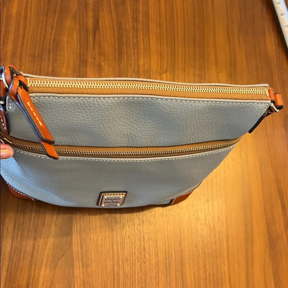 Dooney & Bourke Light Gray/Taupe Pebble Leather Crossbody Bag with Tan Trim - Picture 6 of 10